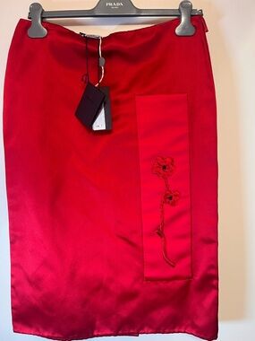 Prada Bright Red Satin Pencil Skirt with Embroidered Panel